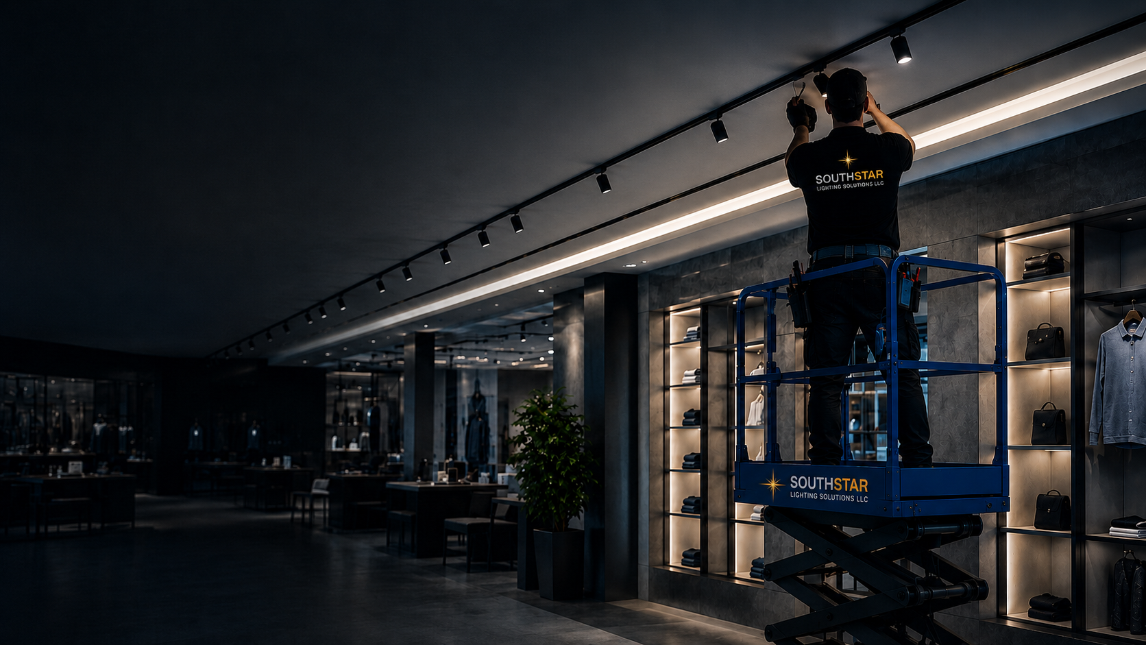 Technician working on showroom lighting